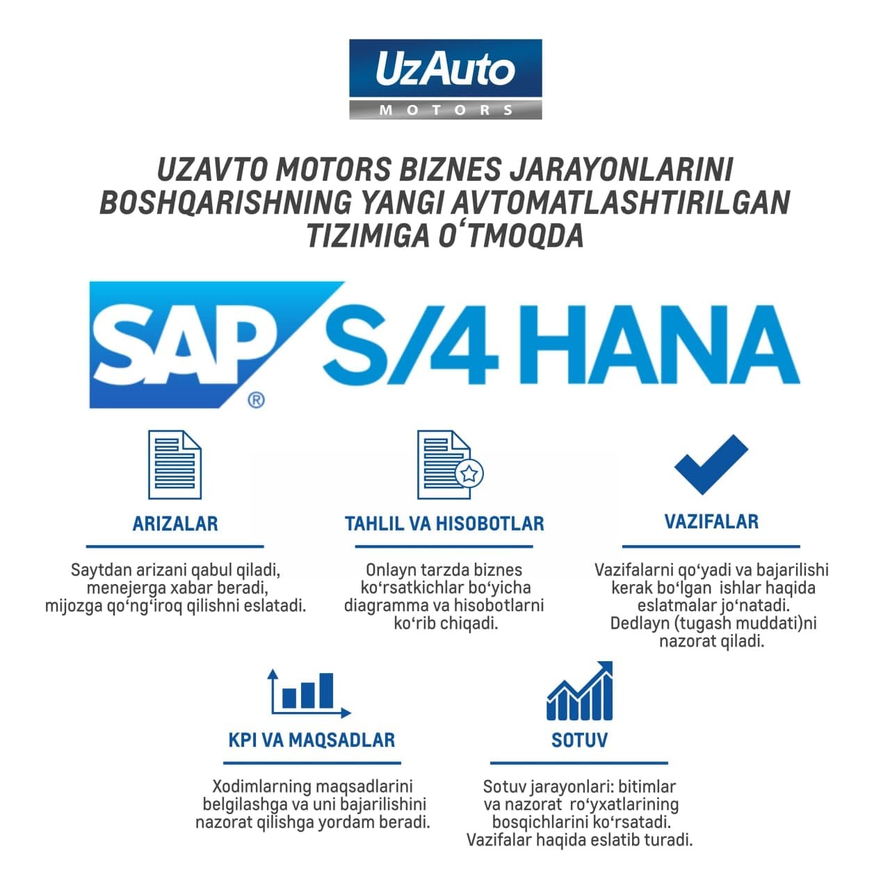 UZAUTO MOTORS TRANSFERS TO A NEW AUTOMATED SYSTEM OF BUSINESS PROCESS MANAGEMENT